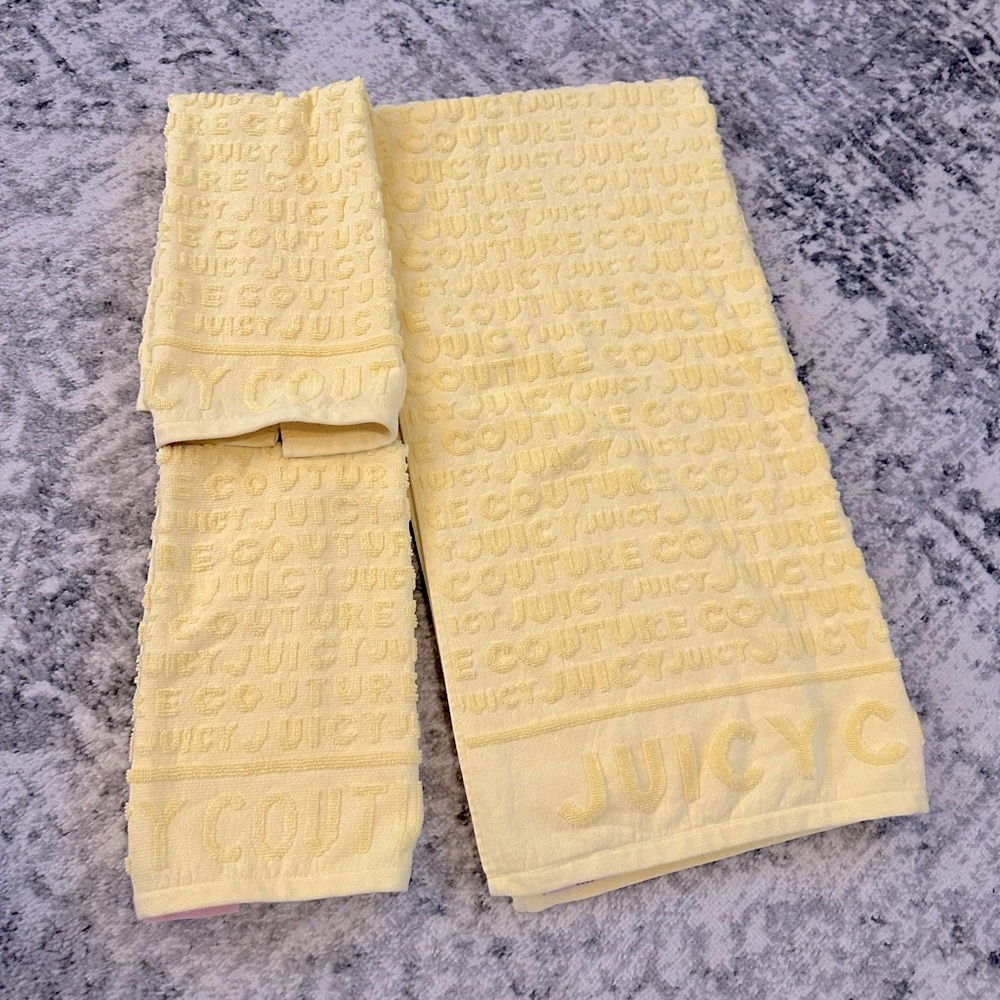 Juicy couture, yellow bath towel and two hand towels